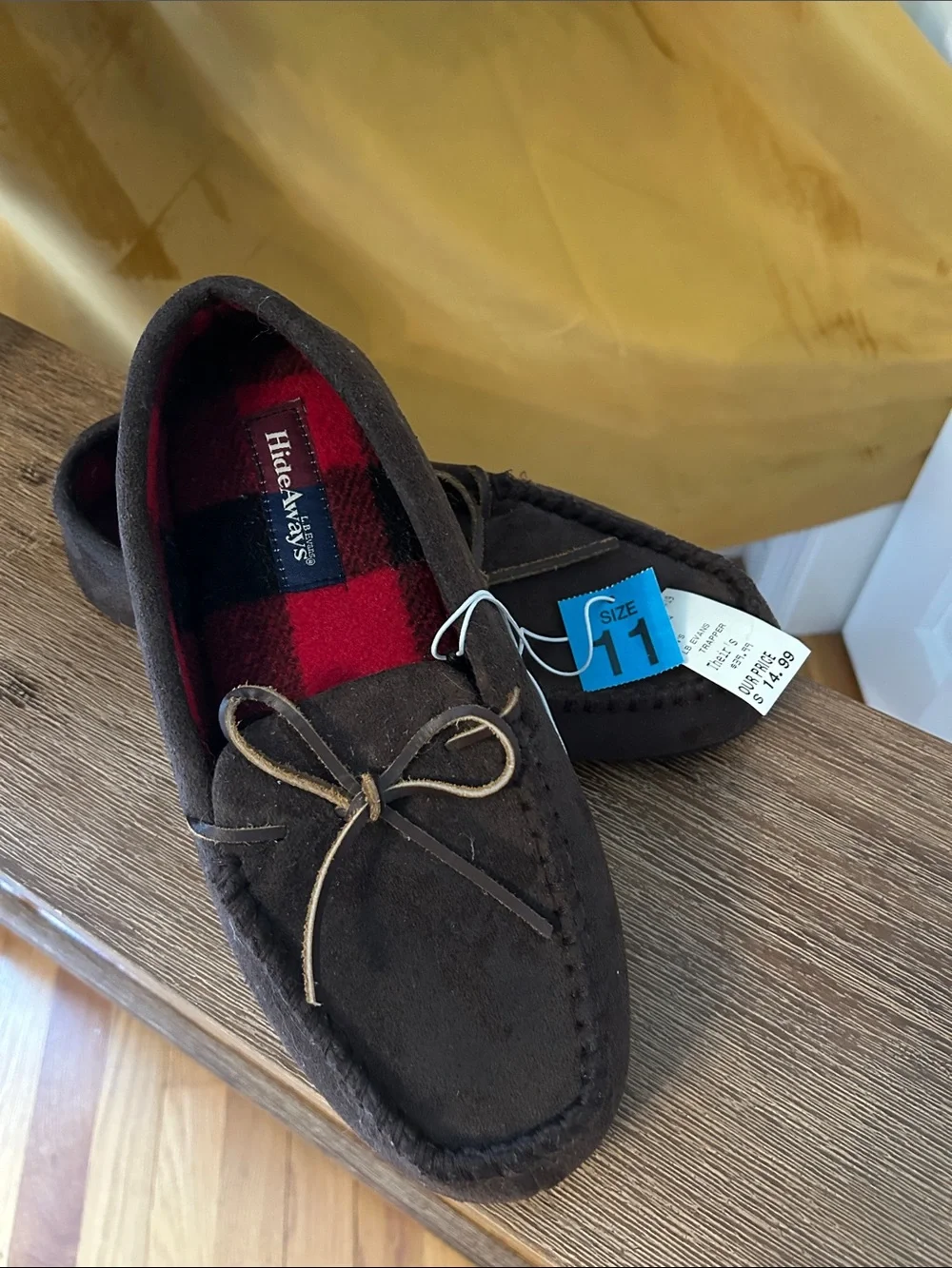 Brown Suede Moccasin Slippers with Red Plaid Lining
